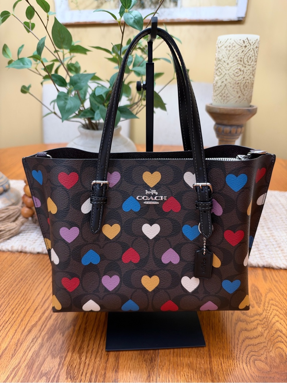 Coach Brown Signature Tote with Multi-Color Heart Print